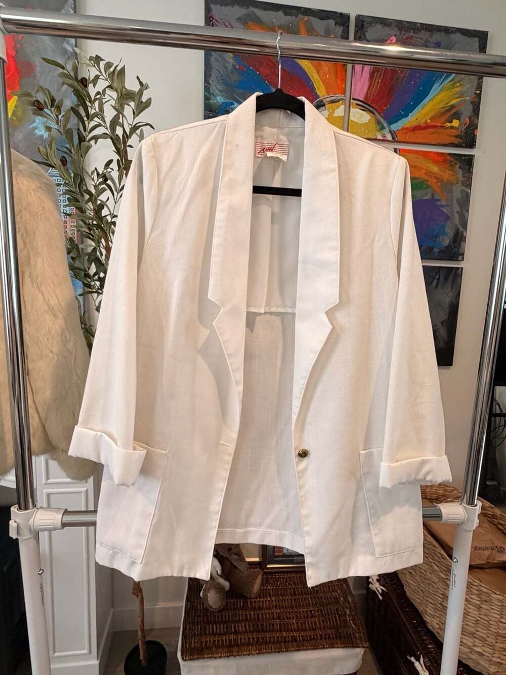 Vintage Chic White Blazer Coastal Boho Jacket Rayon Blend Size 10